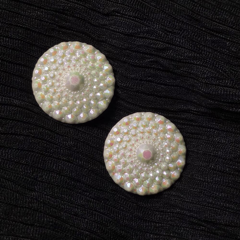 Vintage West Germany White Iridescent Cluster Clip-On Earrings